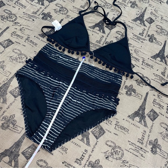 COCOSHIP Striped High Waist Bikini Set Tassel Trim Top Halter Straps Swimsuit - Picture 15 of 16